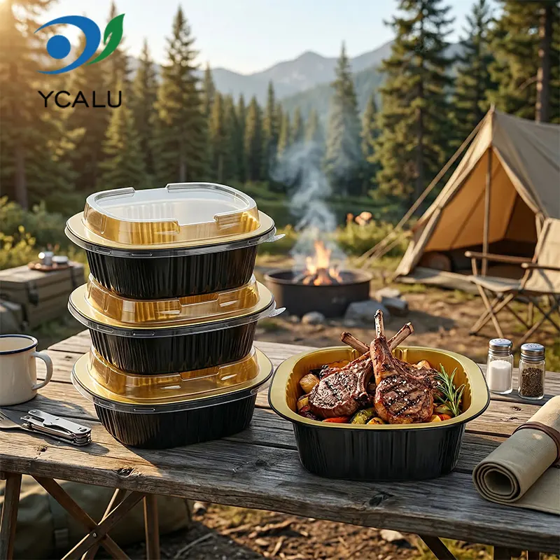 নিষ্পত্তিযোগ্য বাইনোরাল স্কয়ার বক্স কালো সোনার অ্যালুমিনিয়াম ফয়েল পাত্রে