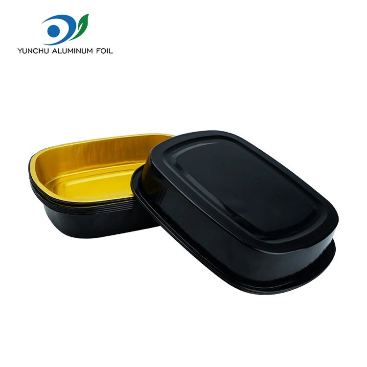 নিষ্পত্তিযোগ্য কালো সোনার ক্যাটারিং আয়তক্ষেত্রাকার অ্যালুমিনিয়াম ফয়েল পাত্রে