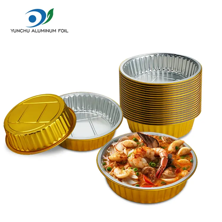 ডিসপোজেবল গ্র্যাচিন গোল্ডেন রাউন্ড অ্যালুমিনিয়াম ফয়েল পাত্রে