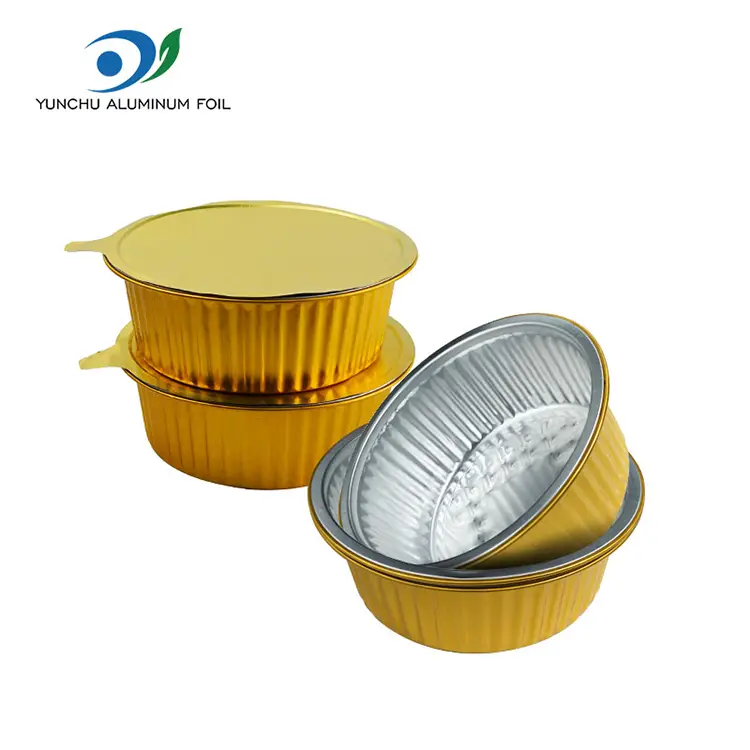 টেকওয়ে ছোট গরম পাত্র সোনালি বৃত্তাকার অ্যালুমিনিয়াম ফয়েল পাত্রে টেকওয়ে ছোট গরম পাত্র সোনালি বৃত্তাকার অ্যালুমিনিয়াম ফয়েল পাত্রে